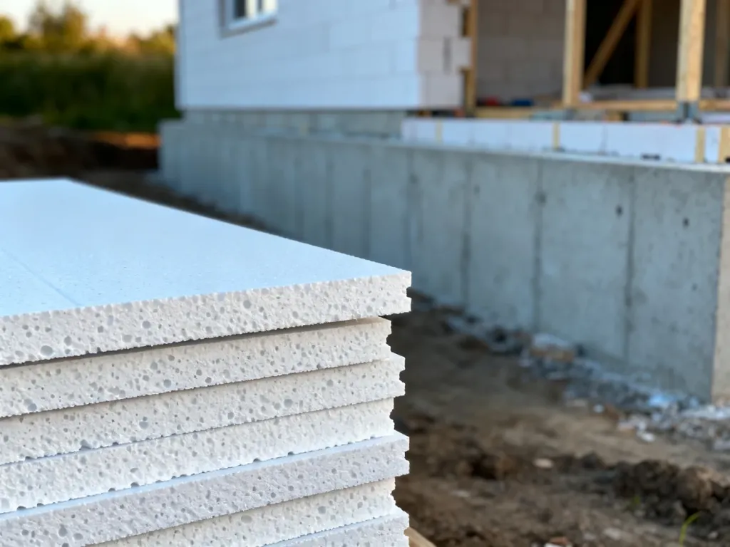 Płyty izolacyjne XPS ułożone na placu budowy przy fundamencie domu, prezentujące strukturę materiału termoizolacyjnego.