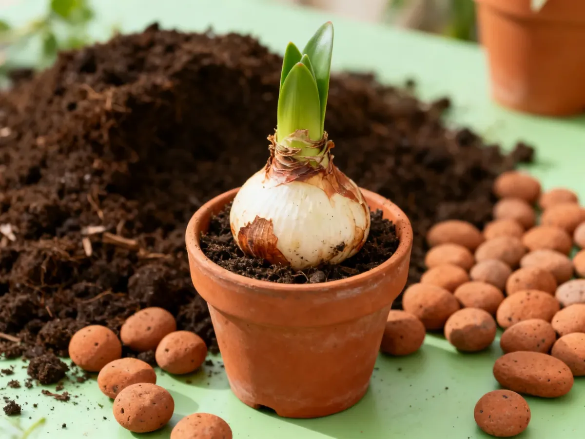 Zdrowa cebula hippeastrum przygotowana do sadzenia w małej doniczce