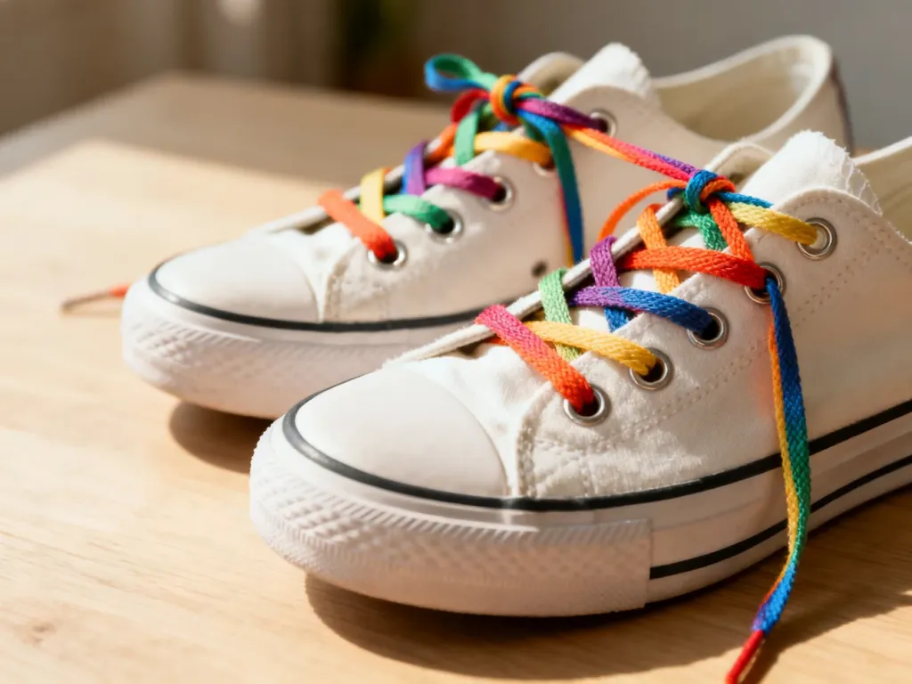 Zbliżenie na proces przewlekania kolorowych sznurówek przez oczka czystych sneakersów na drewnianym podłożu.