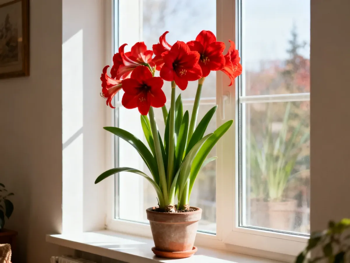 Kwitnące czerwone hippeastrum w doniczce na jasnym parapecie