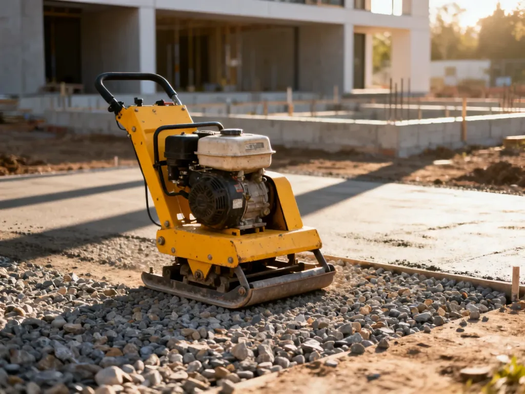 Żółta zagęszczarka płytowa na żwirowym podłożu placu budowy z fundamentem budynku w tle.