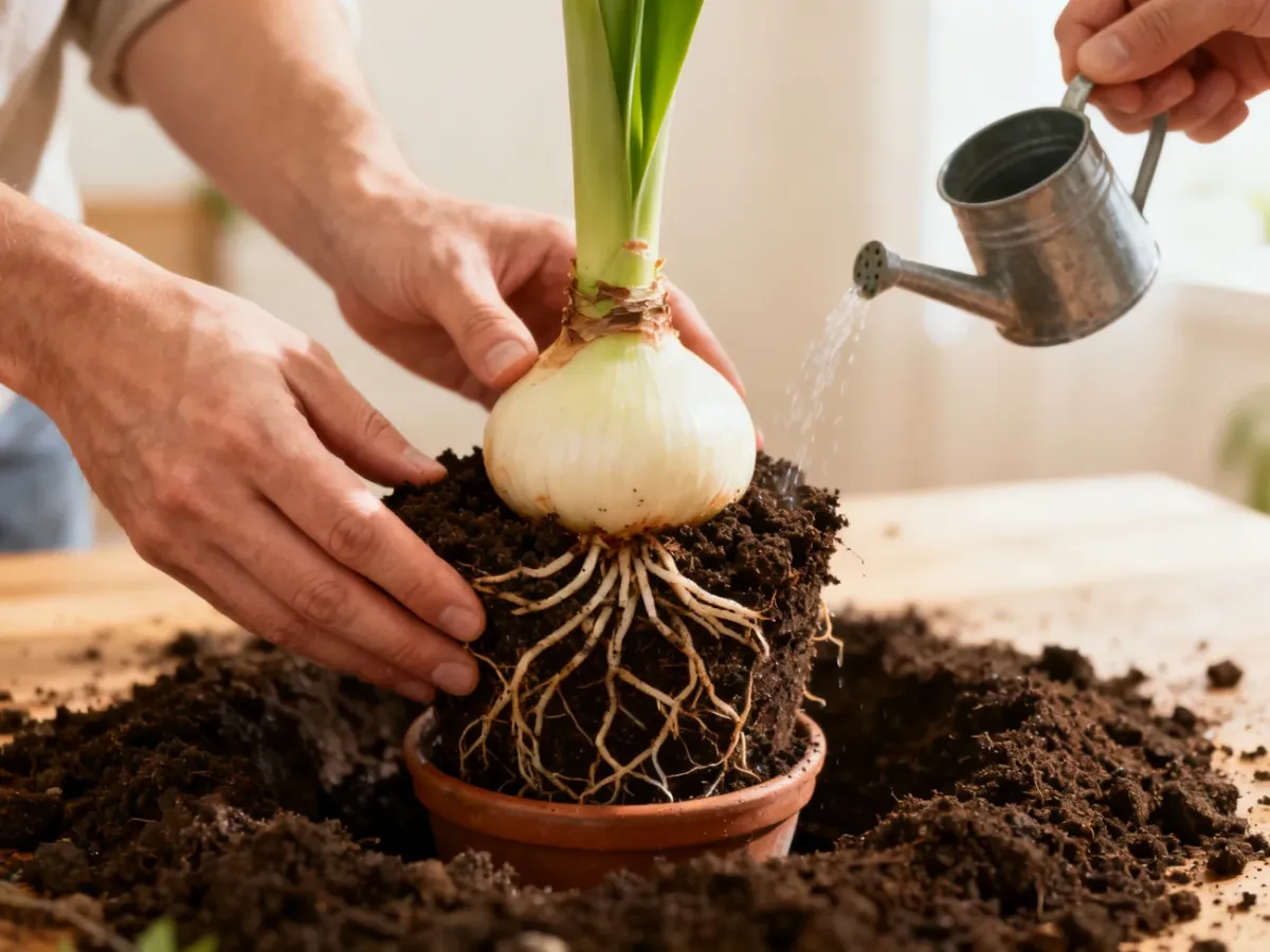 Sadzenie cebuli hippeastrum tak, aby jedna trzecia wystawała nad ziemię