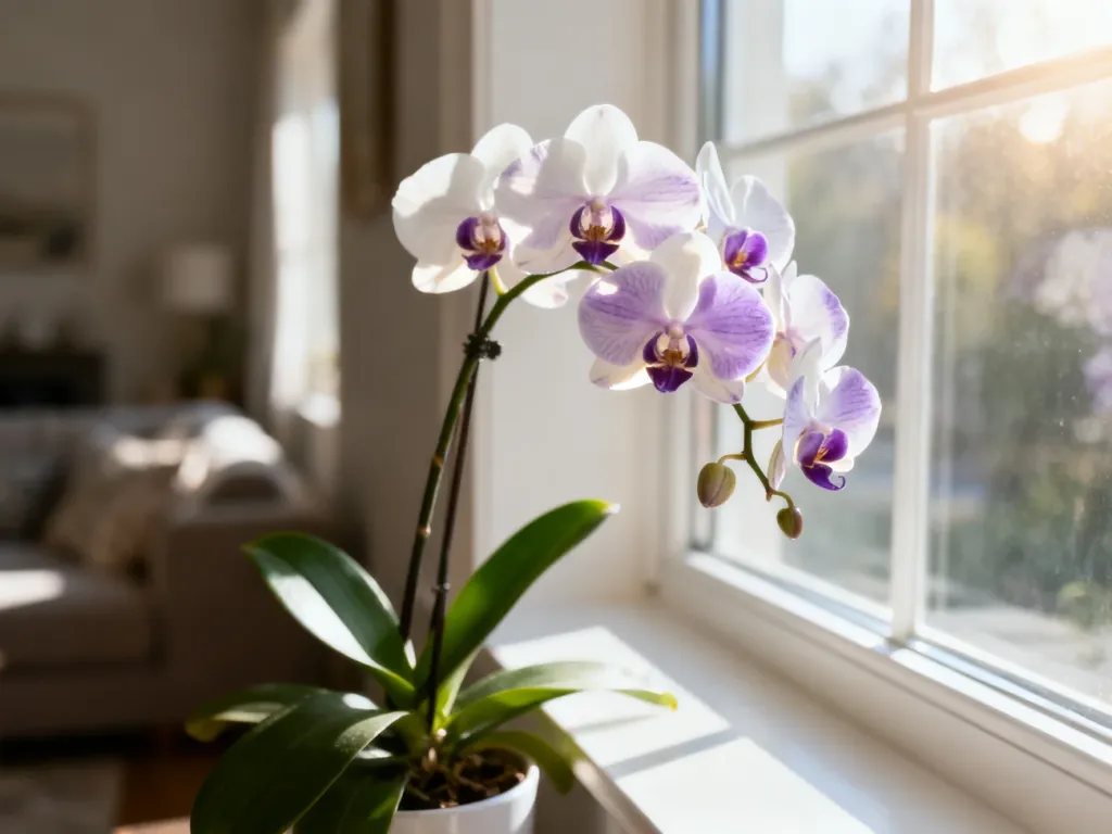 Kwitnący storczyk Phalaenopsis na słonecznym parapecie w przytulnym salonie.
