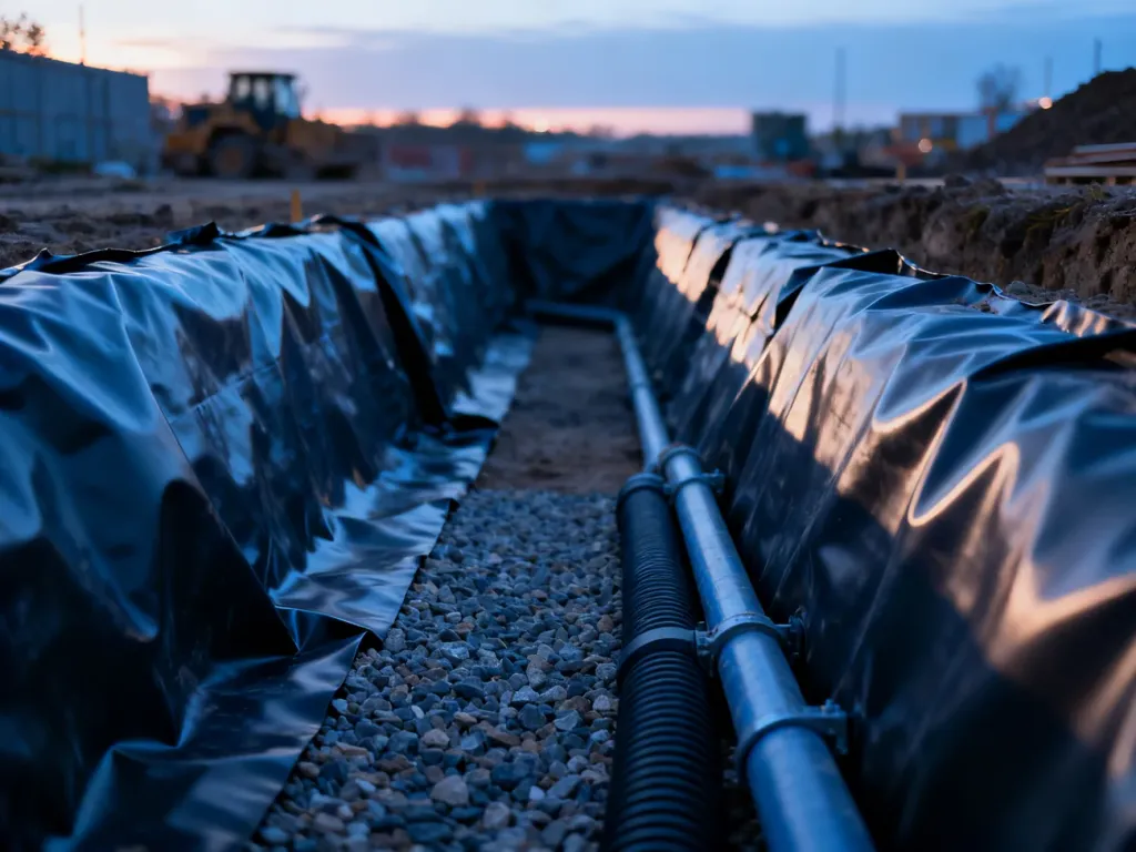 Wykop budowlany zabezpieczony wodoszczelną geomembraną oraz systemem rur drenażowych i warstwą żwiru.