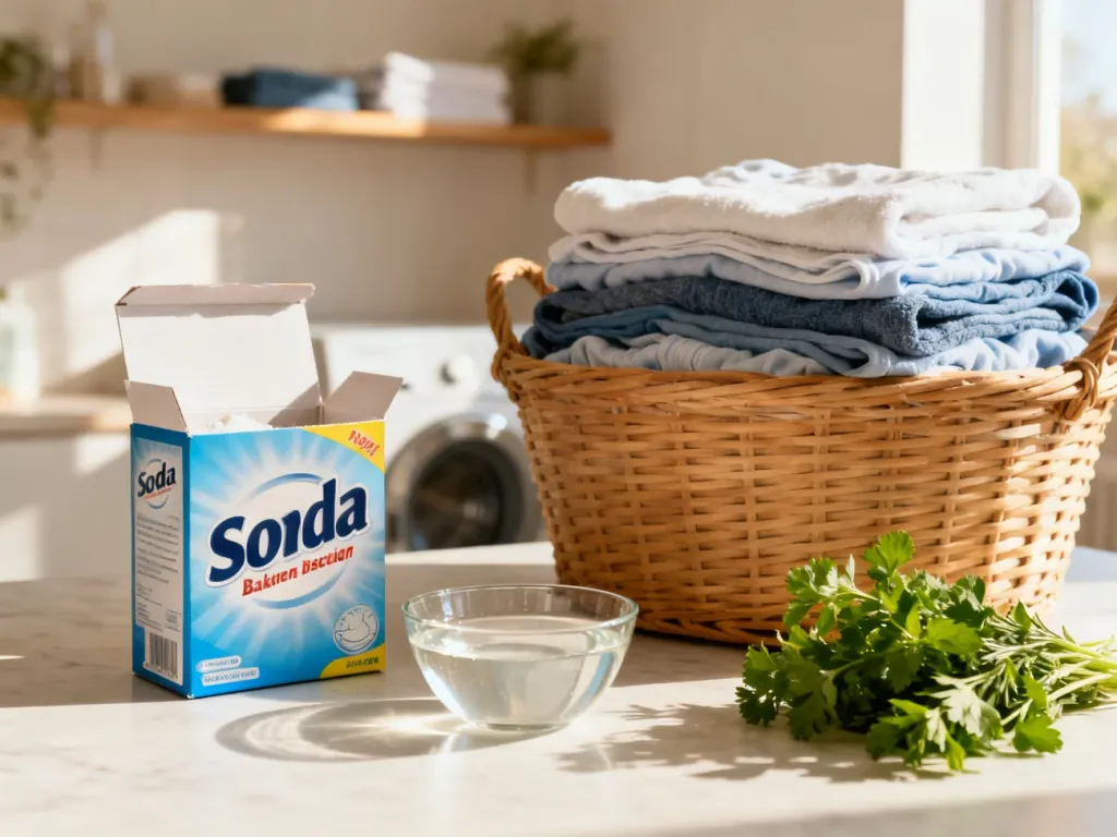 Starannie złożone ubrania obok sody oczyszczonej, octu i ziół, prezentujące naturalne sposoby na usunięcie zapachu stęchlizny.