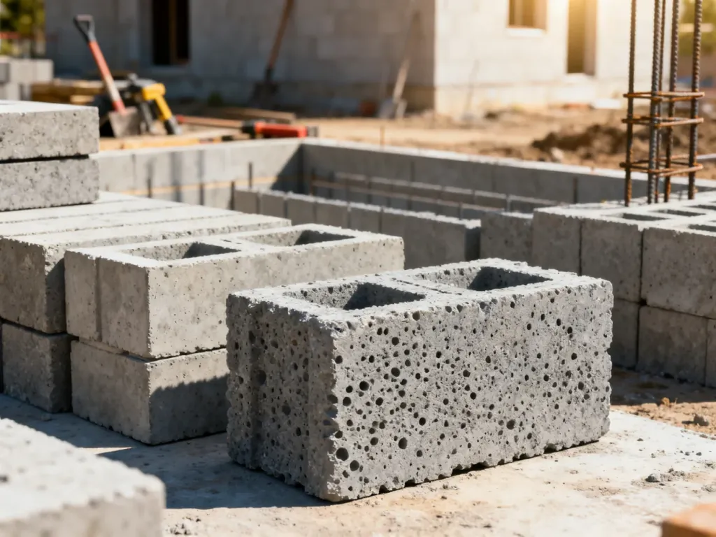 Pustaki fundamentowe z szarego betonu ułożone na placu budowy w świetle dziennym.
