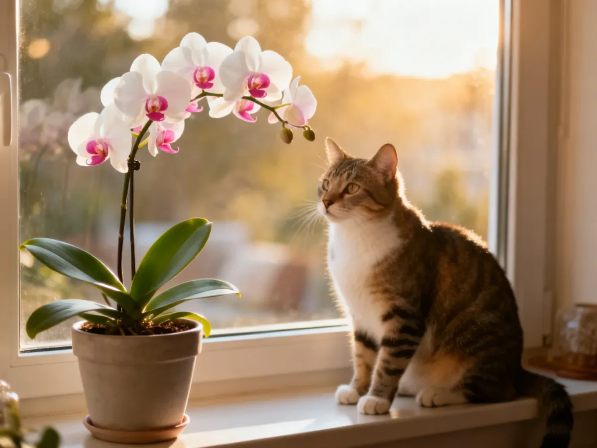 Kot obok kwitnącego storczyka Phalaenopsis w domu