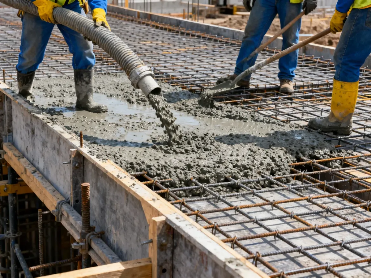 Układanie betonu pompą nisko nad zbrojonym stropem
