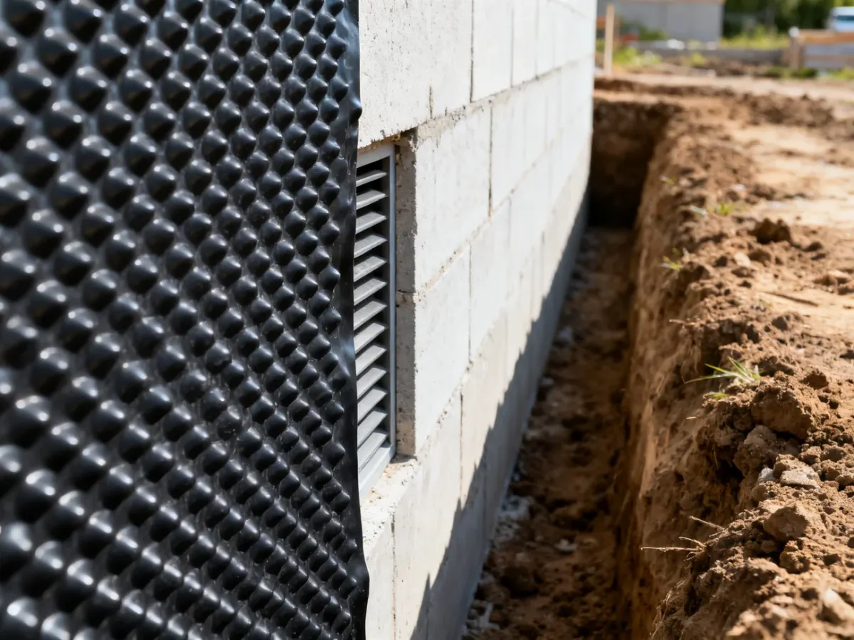 Standard dimple membrane protecting a foundation wall with dimples facing inward