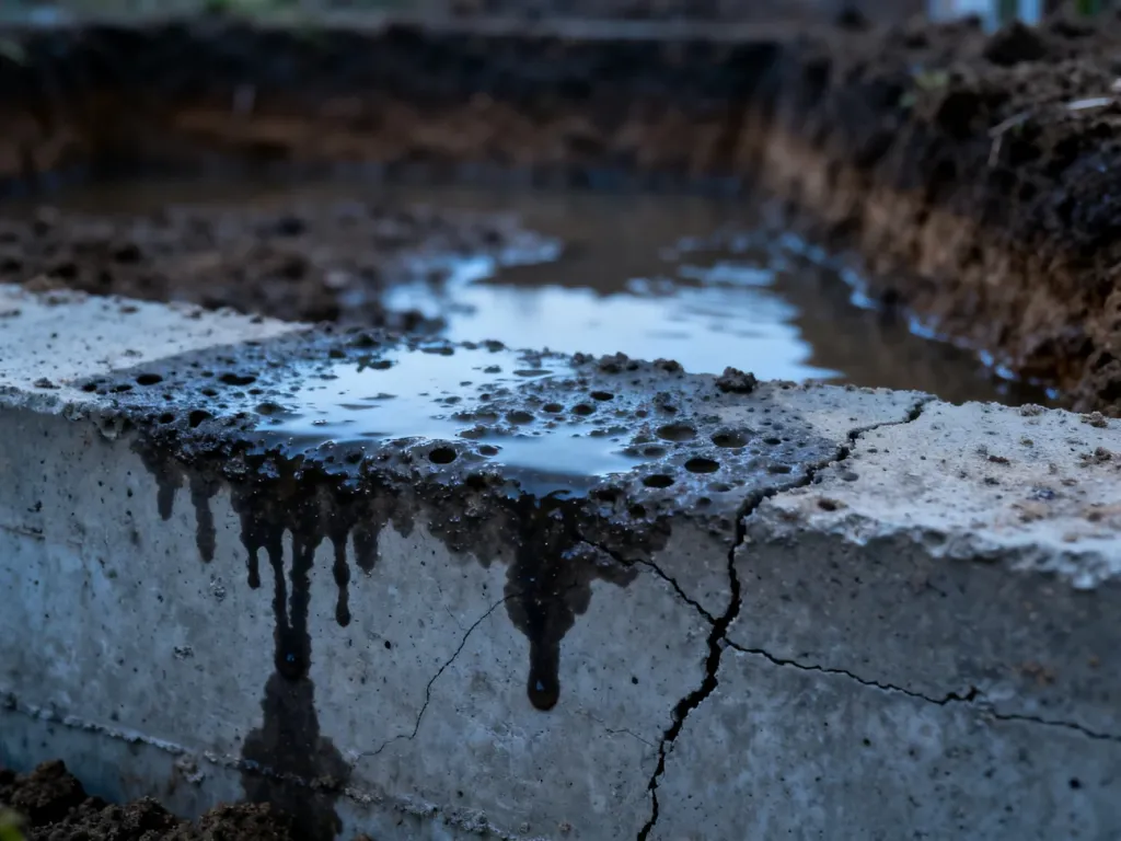Przekrój fundamentu domu ukazujący przenikanie wilgoci przez betonowe ściany, widoczne pęknięcia i przesiąkającą wodę gruntową.