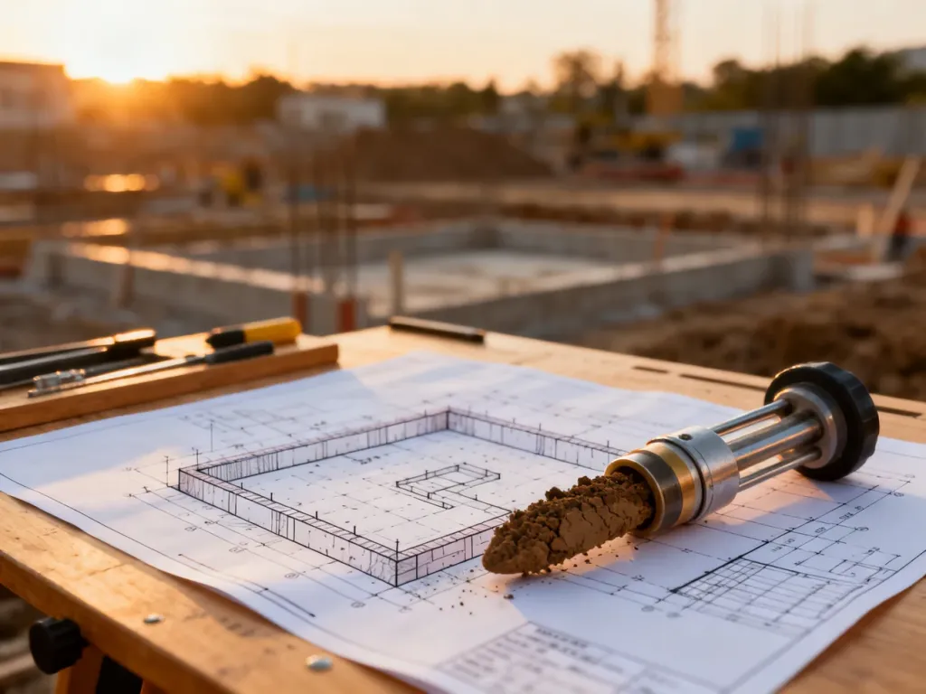 Narzędzia do pobierania próbek gruntu i projekt fundamentów na stole kreślarskim, symbolizujące przygotowanie opinii geotechnicznej.