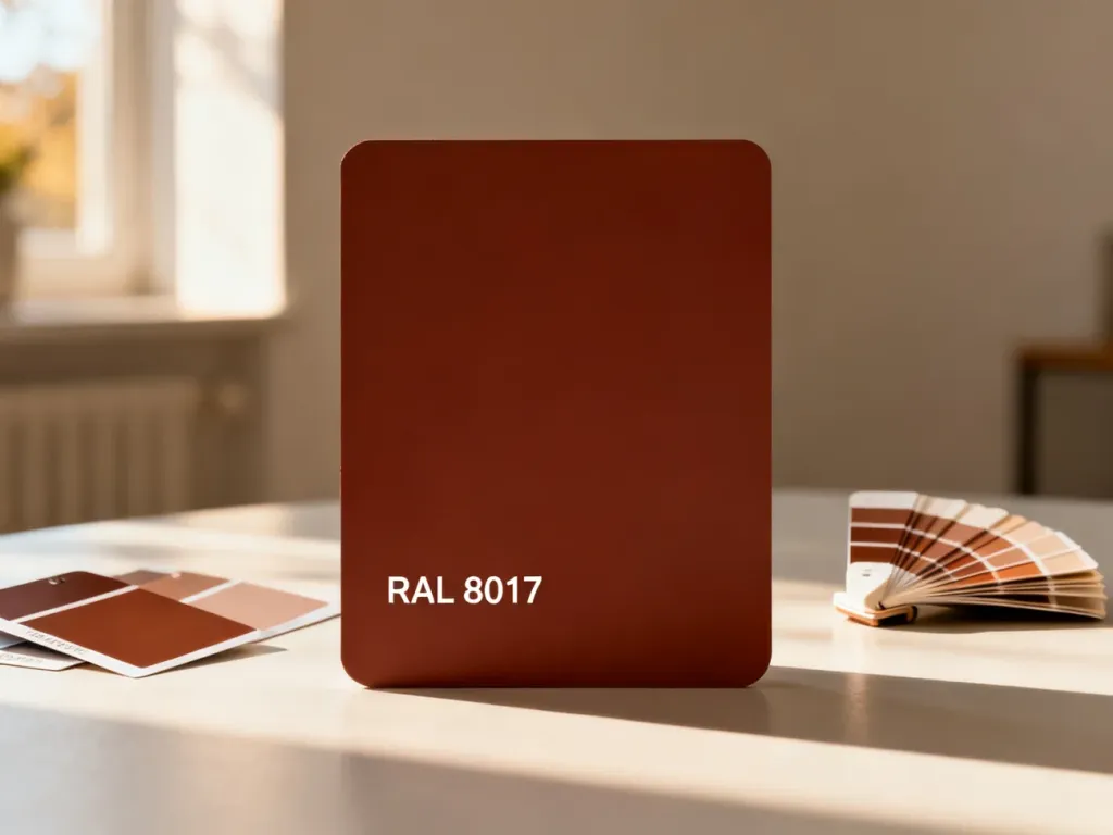 Próbka koloru RAL 8017 w odcieniu czekoladowego brązu na tle wzornika farb w minimalistycznym wnętrzu.