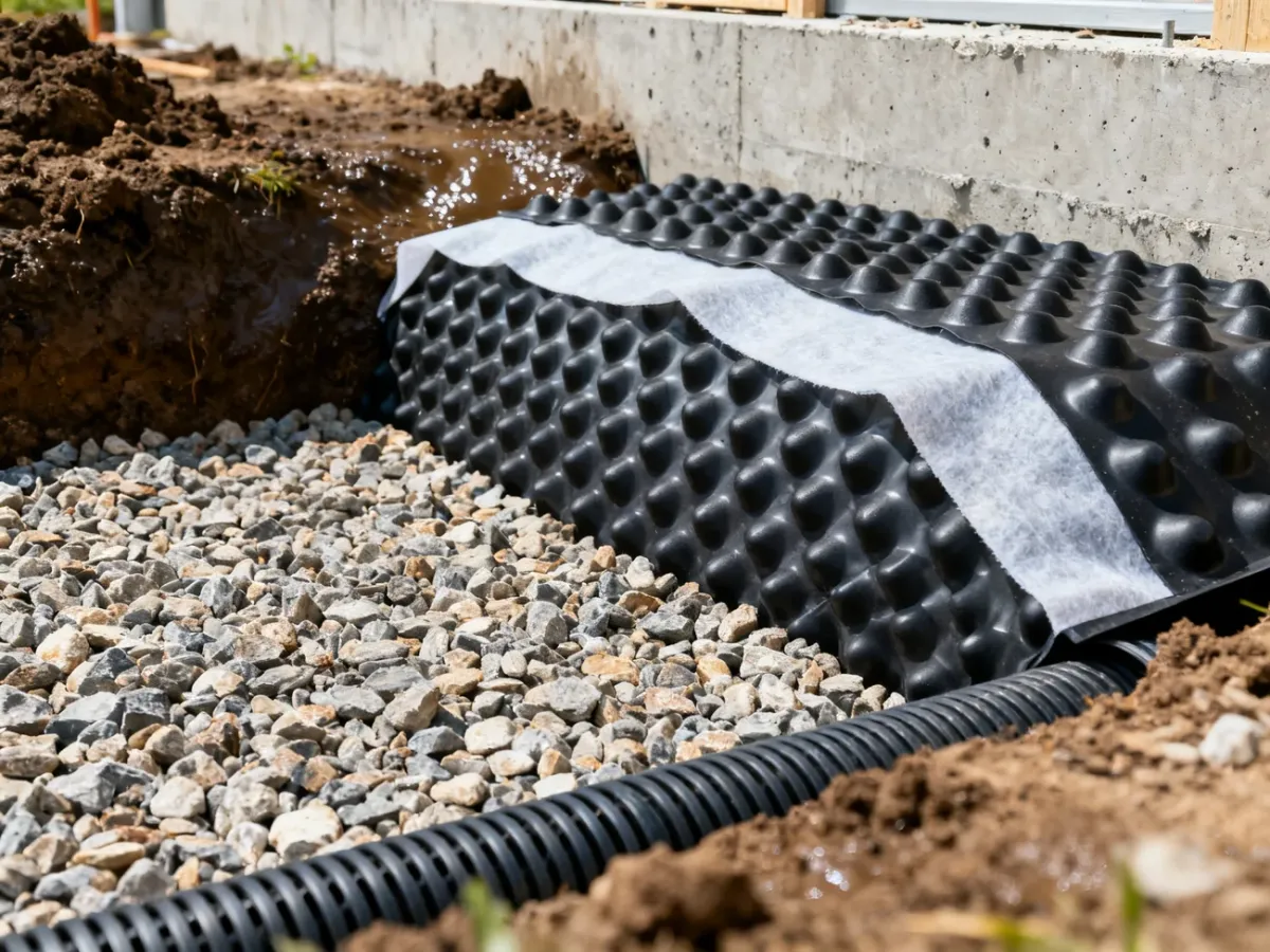 Dimple membrane with geotextile fabric installed beside gravel and a drainage pipe