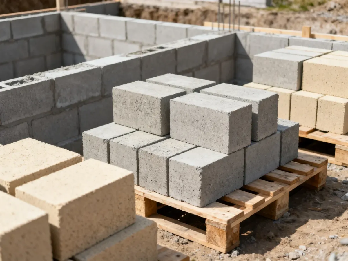 Różne rodzaje pełnych bloczków fundamentowych na placu budowy