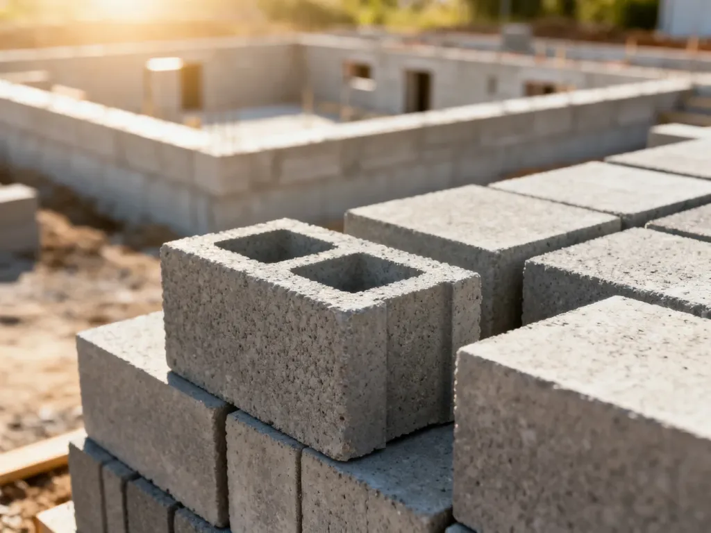 Starannie ułożone betonowe bloczki fundamentowe na placu budowy w świetle porannego słońca.