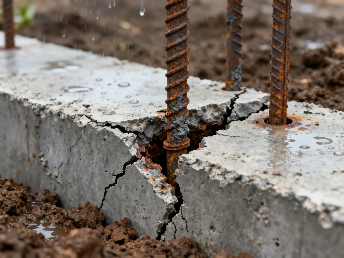 Skorodowane zbrojenie powodujące pękanie betonu fundamentu