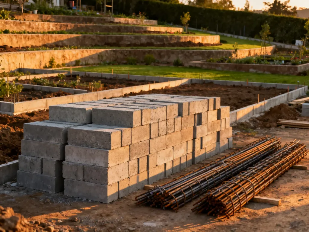 Budowa nowoczesnej ściany oporowej z betonowych bloków i zbrojenia w ogrodzie w trakcie prac konstrukcyjnych.
