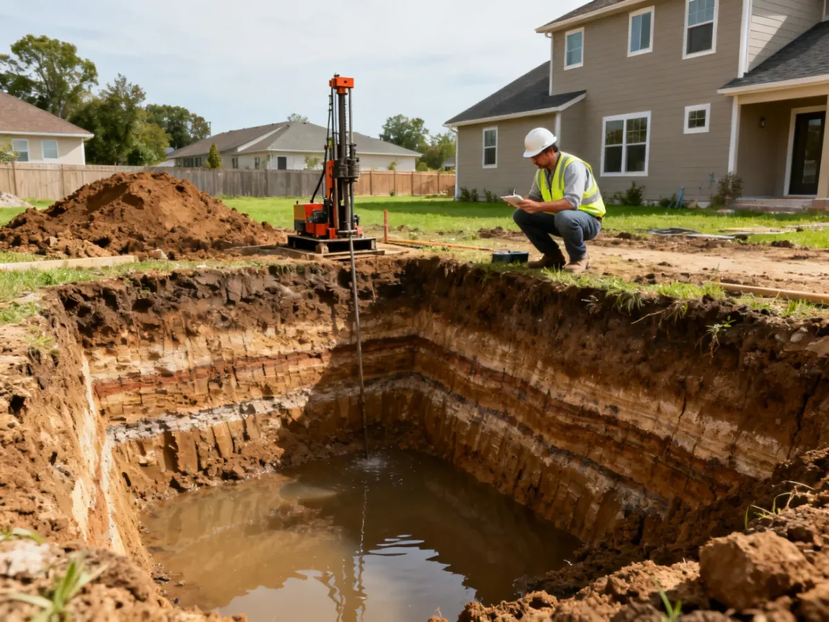 Geotechnik badający warstwy gruntu i poziom wód na placu budowy