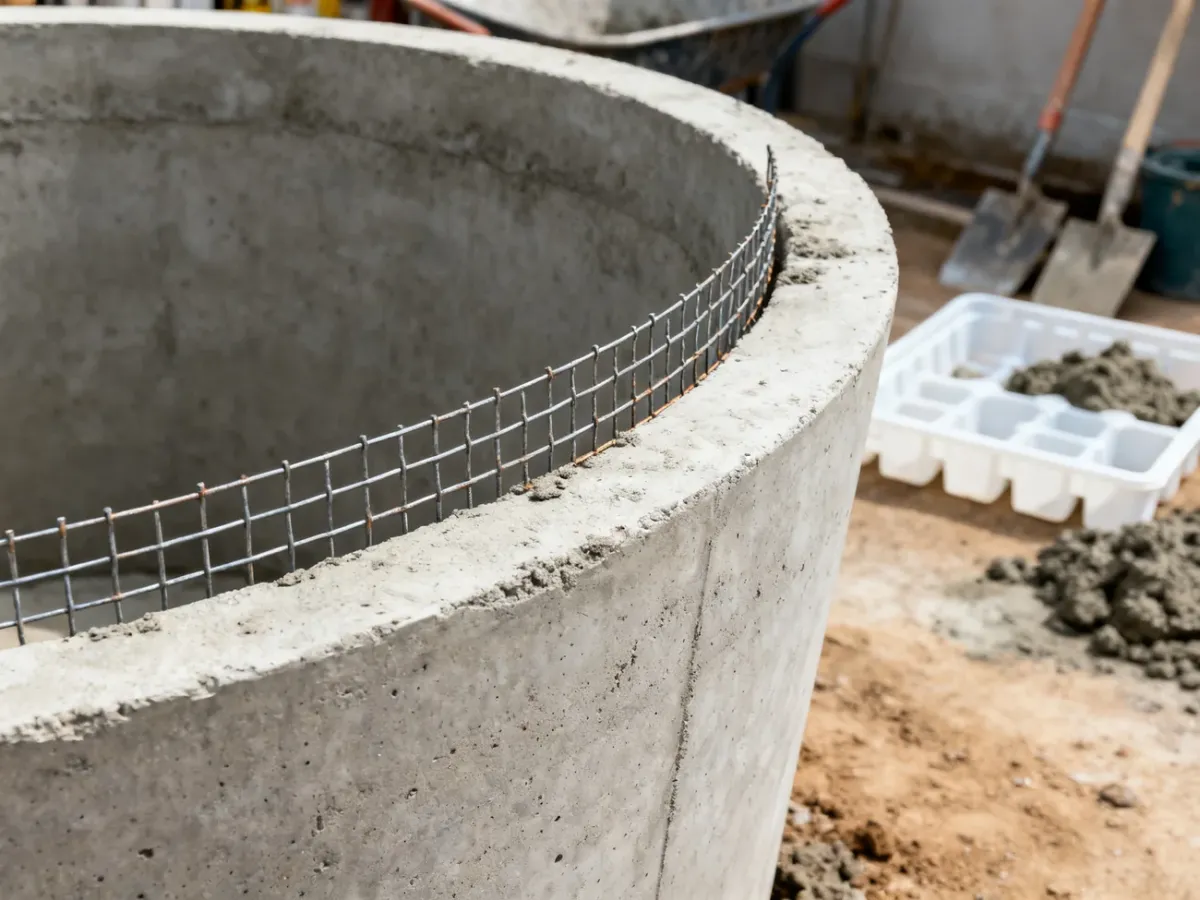 Siatka zbrojeniowa umieszczona wewnątrz betonowej ścianki donicy