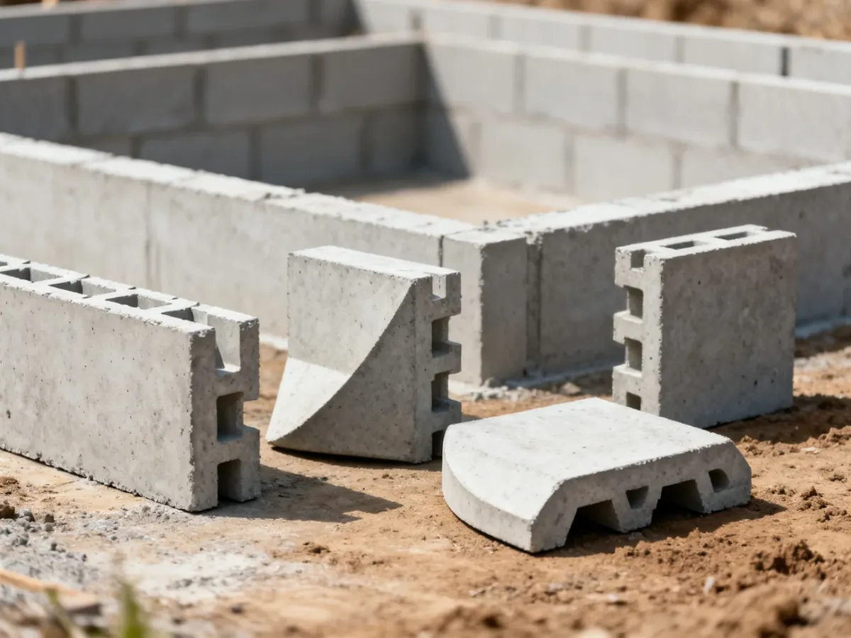 Różne kształty betonowych pustaków szalunkowych obok budowanej ściany fundamentowej