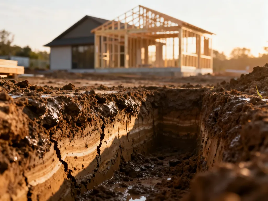 Wykop fundamentowy ukazujący niestabilne warstwy gruntu słabonośnego na tle powstającego domu.