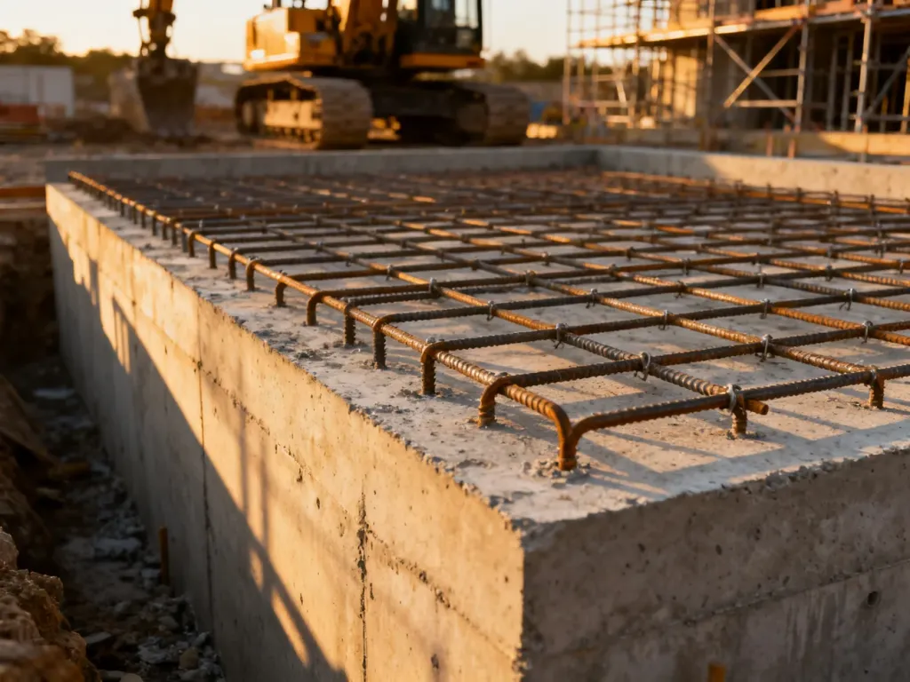Zbrojona płyta fundamentowa na placu budowy w świetle zachodzącego słońca, ukazująca detale konstrukcyjne.