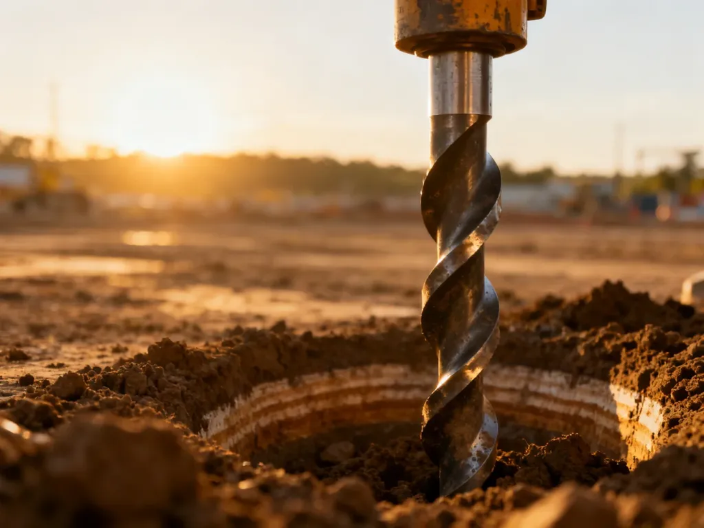 Wiertnica geotechniczna pracująca na placu budowy, wykonująca odwiert w ziemi w celu badania gruntu.