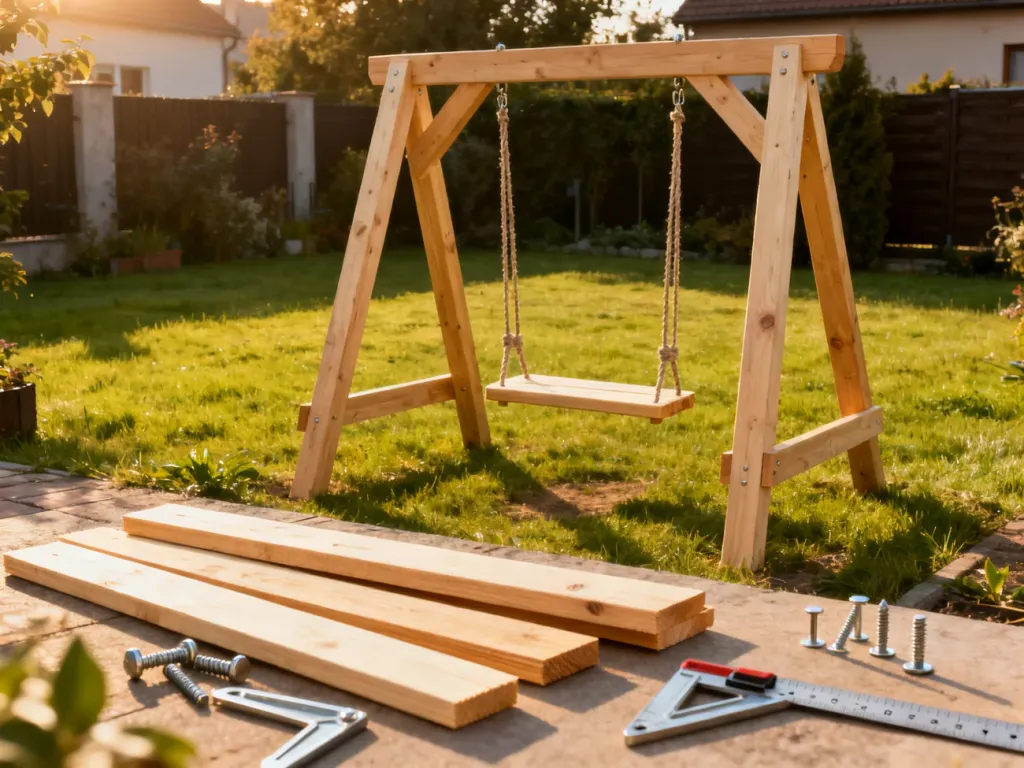 Gotowa huśtawka ogrodowa z drewna oraz zestaw narzędzi i materiałów przygotowanych do jej samodzielnego montażu.