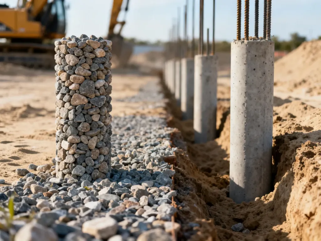 Przekrój przez plac budowy prezentujący porównanie kolumn żwirowych oraz pali betonowych stosowanych do wzmocnienia gruntu.