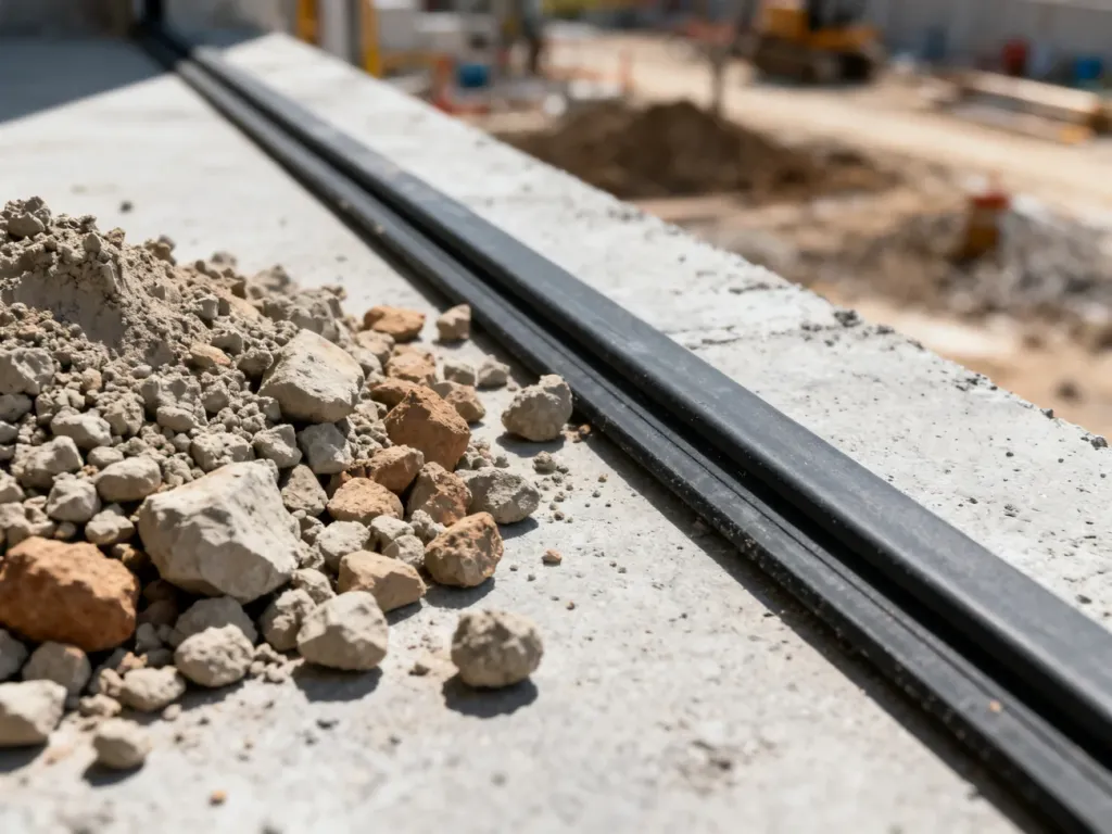 Porównanie granulatu bentonitowego oraz gumowej taśmy uszczelniającej na betonowym podłożu.