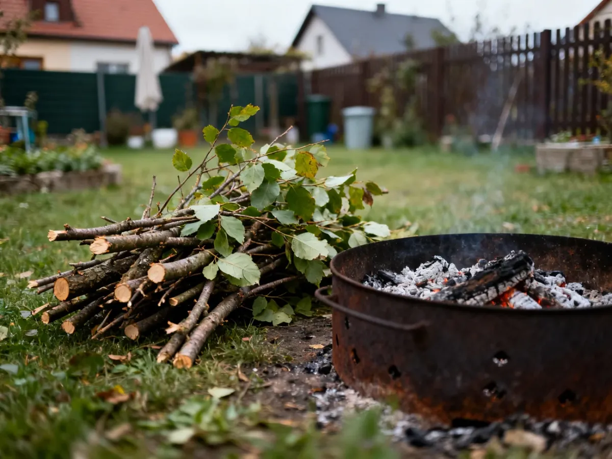 Gałęzie i liście przy wygaszonym ognisku w ogrodzie